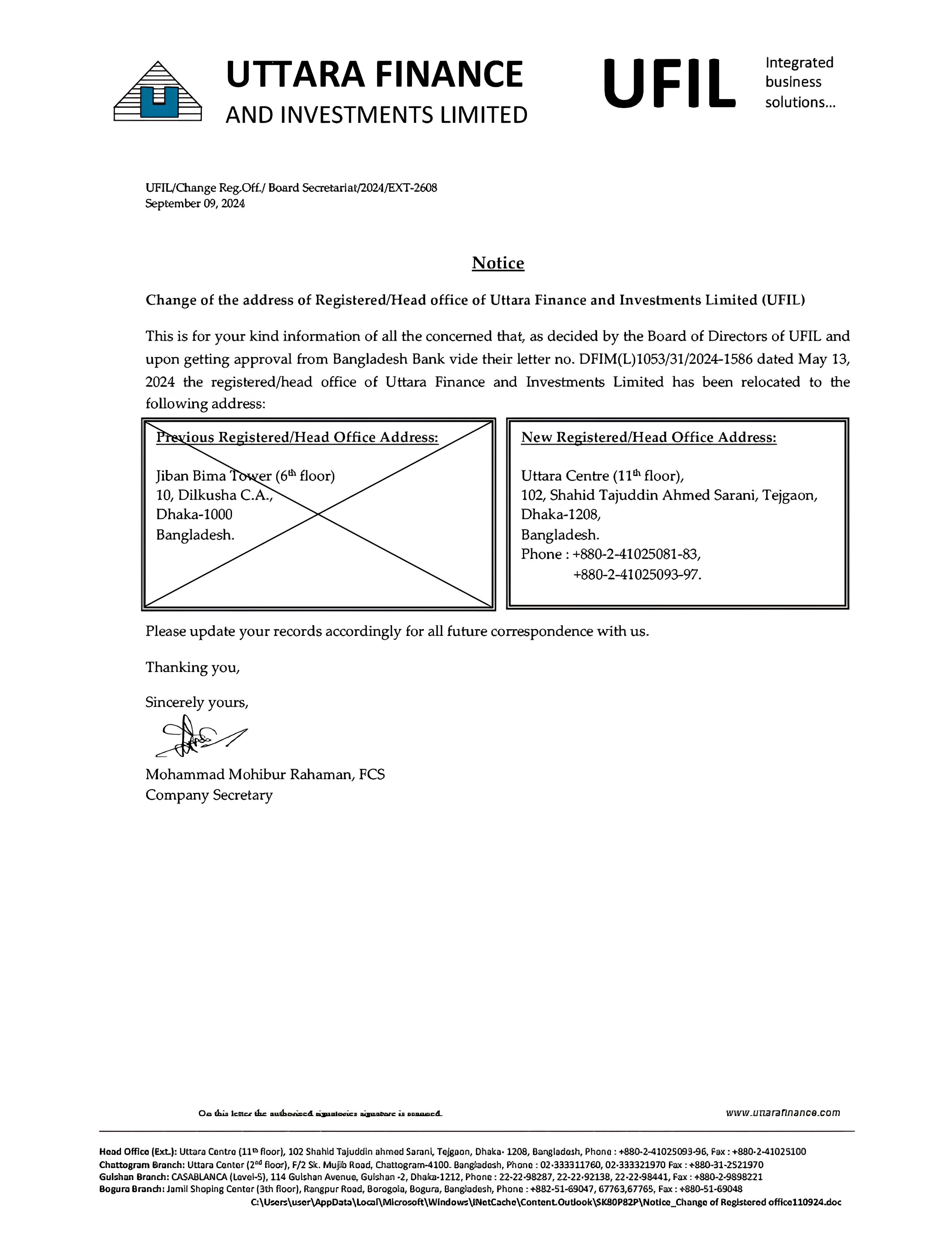 Change of the address of Registered/Head office of Uttara Finance and Investments Limited (UFIL)